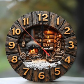 Rustic Wooden Fireplace Cabin Wall Clock 10-Inch Wooden Wall Clock, Silent Movement, Battery Operated (AA Batteries Not Included), Artistic Home Decor, Perfect for Home Accents