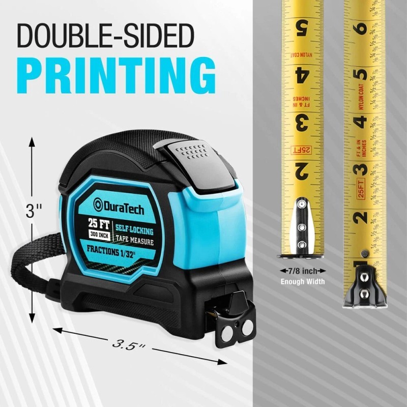 DURATECH 25FT Auto-Lock Tape Measur Double Sided Measurement Tape Easy