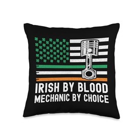 Irish By Blood Mechanic Shamrock USA American Flag Patriotic Throw Pillow