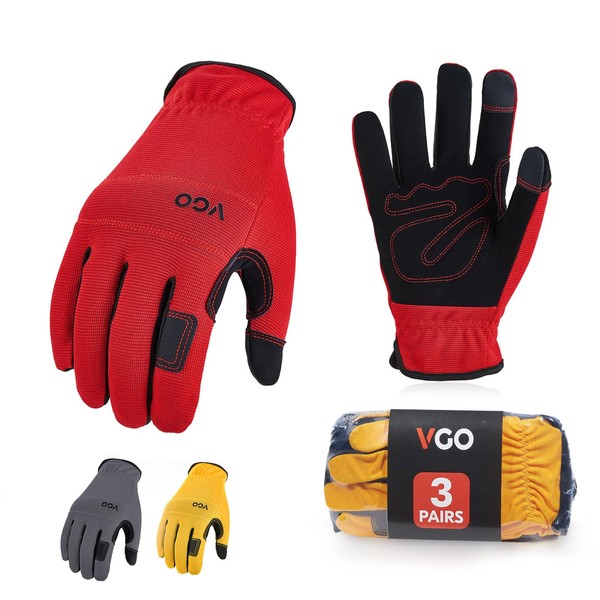 Vgo... 3 Pairs of Work Gloves, Nubuck Leather Palm, Light