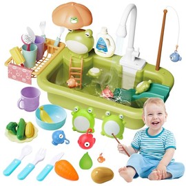 Play Sink with Running Water, Kitchen Toys with Play Food, Floating Pool Fishing Toys for Water Play, Kids Role Play Dishwasher Toy for Boys and Girls(Green)