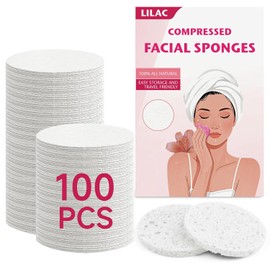 LILAC 100 Esponjas Faciales Comprimidas 100% Celulosa Natural Ecológicas Para Maquillaje, Limpieza Suave, Exfoliación Y Eliminación De Maquillaje Resistente. Ideales Para Viajes. Para Mujeres(Redondas