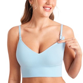 MOMANDA Ribbed Nursing Bras Women's Longline Sleep Breastfeeding Support Seamless Maternity Sports Bra V Neck Wireless Light Glacier Medium