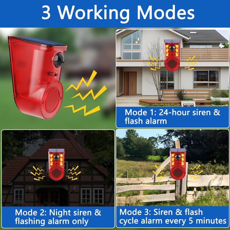 QXMH Solar Outdoor Motion Sensor Alarm: 110db Siren Sound,6 LEDs