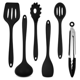 Onader Küchenhelfer Set, 6 Teiligs Silikon Küchenutensilien Kochutensilien Set, Hitzebeständiger Kochbesteck Set zum Kochen, Spülmaschinenfest – Schwarz
