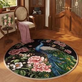 Vowkten Round Rug 4ft Washable Circle Rug Non Slip Low Pile Floral Peacock Animal Small Circular Rug for Bedroom, Bathroom, Entryway, Kids Room, Office, College Dorm (Black)