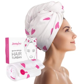 Snoozing Beauty - Quick Dry Hair Turban Towel | Luxury Super Absorbent Rapid Drying Hair Towel Wrap | Unique Heart Design Microfiber Hair Towel for Women or Girls | 64 x 27 cm