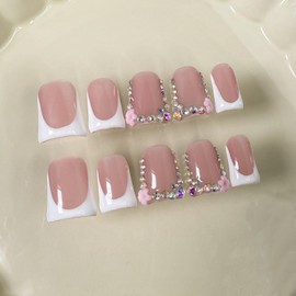 Handmade Press on Nails Short Duck White French Tip Thick Acrylic Fake Nails 3D Floral False Nails with Rhinestones Pink Flower Designs Elegant Sturdy Nail Art Press on Nails 10Pcs(M)