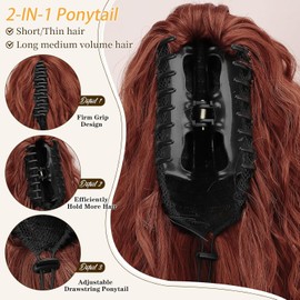 PORSMEER Women's Ponytail with Clip, Long Wavy Curly Hairpiece Braid Hair Extension Claw Clip in Hairpiece Ponytail for Women 75 cm (Auburn)