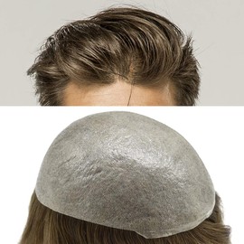 LYRICAL HAIR Toupee For Men Ultra Thin Skin Men Hair Replacement System 0.04mm Super thin Poly All V-Looped Men HairPieces(#510 5# MEDIUM LIGHT BROWN+10% SYNTHETIC GREY-100% light to medium density)