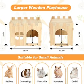 BWOGUE Large Wooden Rabbit House and Hideouts Bunny Castle Detachable Small Animal Play Hideaway Rabbit Hideout Cage Accessories for Indoor Adult Rabbit Guinea Pig Chinchilla Habitat