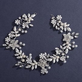 Lenjicons Vintage Flower Leaf Rhinestone Hair Vine Pearls Rhinestone Headband Wedding Hair Vine Handmade Flower Leaf Pearls Headpiece Bridal Headband for Women (silver, free size)