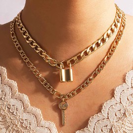 Atentuyi Punk Cuban Chunky Chain Layered Necklaces Gold Choker Lock Necklace Pendant Key Necklaces Flat Curb Link Chain Thick Chain Multilayer Collar Necklace Jewelry for Women and Girls