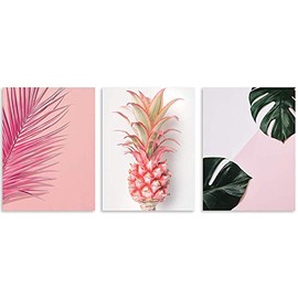 TutuBeer Plant Wall Art with Pink Pineapple at Pink Background Tropical Wall Decor Green Plant Art 12" x 16" x 3 Pieces Canvas Pictures Prints Artwork Ready to Hang for Home Decoration Wall Decor