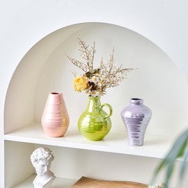 Colorful Ceramic Vase Set of 3, Small Vases for Home Decor, Modern Farmhouse Vase for Flowers, Decorative Boho Vases for Living Room Coffee Table Shelf Entryway Decor(Pink+Green+Purple)
