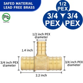 (10 Pack) Lidertik Pex Fittings Reducing Tee Brass Crimp Pipe, 3/4" PEX B F1807 to 3/4" PEX B F1807 to 1/2" PEX B F1807 Brass LI-APXT343412(10 Pieces)