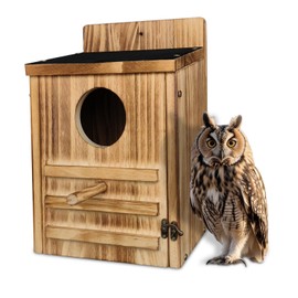 DRYLF Screech Owl House, Owl Bird Box Large Handmade Wooden Circular Opening Screech Box for Outside with Mounting Screws and A Bag of Wood Shavings, Easy Assembly Required (Brown, 9" x 14.5")-1