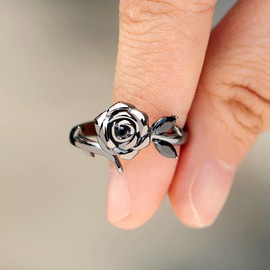 LOVPEPY Black Rose Flower Ring for Women, 925 Sterling Sliver Elegant Flower Rose Black CZ Leaf Ring Promise Ring for Her Love All Parts Of Yourself Black Rose Ring Wedding Jewelry Gifts (Black, 10)