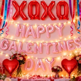 16" Pink Happy Galentines Day Heart Balloons, XXOO Galentines Day Banner Decorations as Party Supplies, Galentine's Day Decor for Home Office Classroom