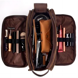 AGDHERSNVX Toiletry Bag for Men Women,PU Leather Vintage Travel Pouch,Toiletry Travel Dopp Kit,Large Shaving Cosmetic Bag,Fully Lined with Cotton Fabric Brown