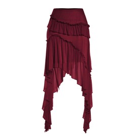 Verdusa Women's Boho Asymmetrical Ruffle Skirt Flowy High Waist Midi Western Skirt Burgundy-a X-Large