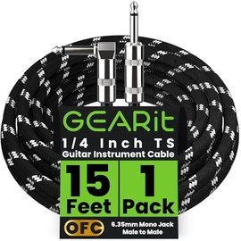 GEARit - Cable de audio para instrumento (15 pies) de ángulo recto a macho recto de 1/4 pulgadas a macho para cable AMP, base y guitarra eléctrica, color negro y blanco
