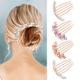 QOTSTEOS Hair Comb, 4 Pcs Pearl Clip Crystal Rhinestone Hair Side Combs for Women and Girls, Elegant Small Diamond Decorative Combs for Wedding Party Daily(rose gold)