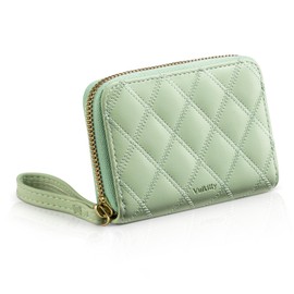 Vulkitty RFID Credit Card Holder Womens Card Case Compact Zipper Wallet, Leather, Quilted Pattern, Pale Green