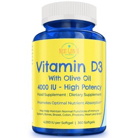 Next Gen U Vitamin D3 4000 IU Food Supplement w/Olive Oil to Support Immune & Bone Health, 360 Softgels