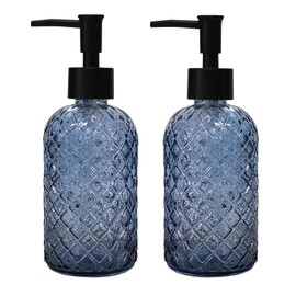 Blue Glass Dish Soap Dispenser for Kitchen, 12oz Refillable Liquid Hand Soap Dispenser Set, 2 Pack Crystal Lotion Bottle for Modern Home Decor, Bathroom Countertop, Hotel