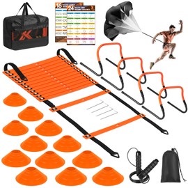 BORNEW Agility Speed Training Equipment Set - 20ft Speed Ladder, 12 Cones, 4 Adjustable Hurdles, Jump Rope, Parachute | Ideal for Basketball, Football, Soccer, for Kids, Youth, Adults