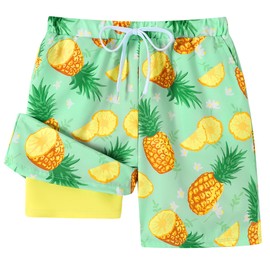 Ghteas Toddler Swimsuit Boy Swim Trunks Boys with Pockets Boxers Lined UPF 50+ Rash Guard Drawstring Elastic Waist Pineapple Swim Trunks Boys 6-7