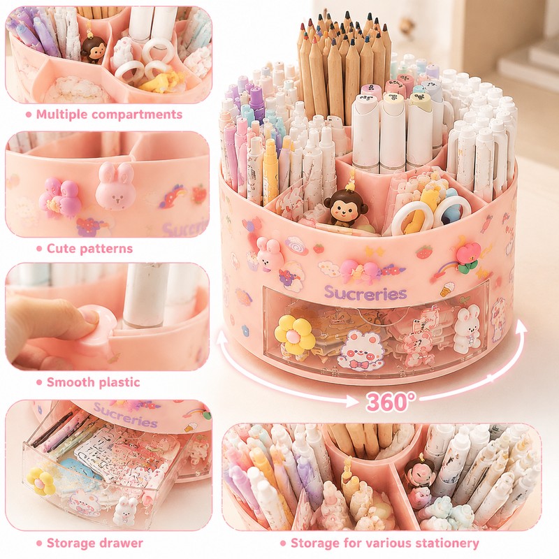 Cute Rotating Pen Holder Organizer for Desk Storage – Kawaii