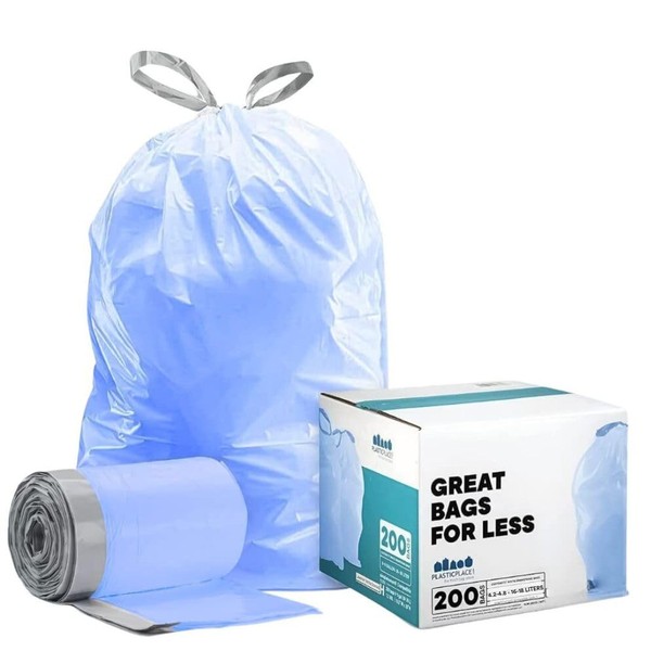 Plasticplace Custom Fit Trash Bags, Compatible with simplehuman Code V (200 Count) Tinted Blue Drawstring Garbage Liners 4.2-4.8 Gallon, 14.5" x 28"