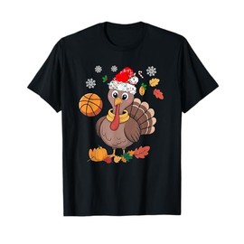 Funny Santa Hat Turkey Basketball Merry Thanksmas T-Shirt
