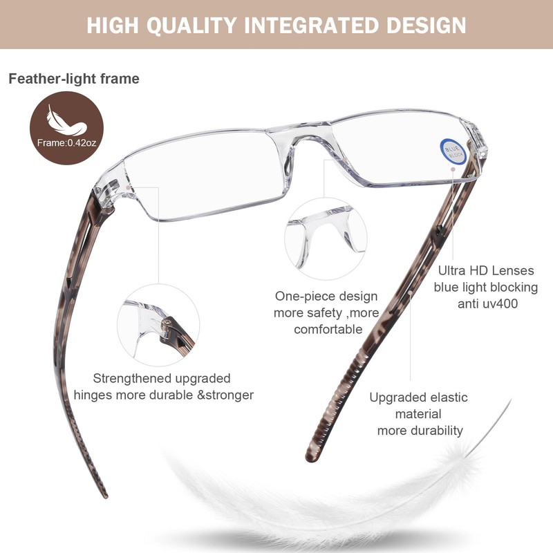 AQWANO 5 Pack Rimless Computer Reading Glasses 1.0 Blue Light