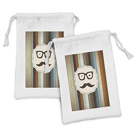 Ambesonne Modern Fabric Pouch Set of 2, Funny Man Face with Moustache and Glasses Winking on Striped Background Sir Artwork, Small Drawstring Bag for Toiletries Masks and Favors, 9" x 6", Multicolor