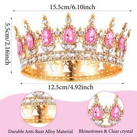Grevosea Crown for Women, Queen Crown Tiara Rhinestone Birthday Crowns Wedding Bridal Hair Accessories for Princess Party Photo Props (Gold Pink)