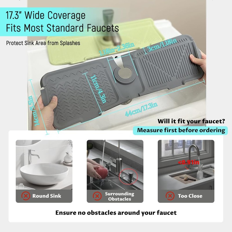 17.3" Silicone Faucet Mat for Kitchen Sink, Splash Guard with
