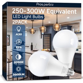 Prosperbiz 250-300W Equivalent LED Light Bulbs, 3000 Lumens Warm White 3000K 30W A30 LED Bulbs for Garage, Warehouse, Workshop, Commercial, Hotel, Backyard, E26 Base Light Bulb Non-Dimmable, 2-Pack