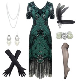 Women's Flapper Dress Sequin Cocktail 1920s Gatsby Dress w/Accessories Set (X-Large, Style04-Black&Green)
