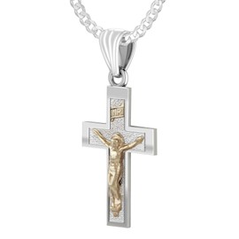 US Jewels 1 5/8in Solid 925 Sterling Silver 41mm & 14k Gold Polished Crucifix Cross Pendant 2.3mm Curb Chain Necklace,18in
