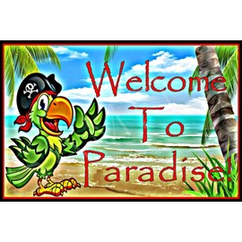 Tiki Bar Sign Welcome Paradise 8"x12" Made In USA All Weather Metal. Perfect For Your Man Cave Lounge Beer Happy Hour Pool Island Décor She Shed