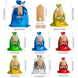 YaeYur 20PCS Christmas Gift Bags, Christmas Party Favor Gift Bags Christmas Gift Bags Assorted Sizes Christmas Wrapping Bags with 20PCS Tags for Christmas Birthday Party Supplies (4 Sizes)