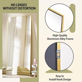 BEAUTYPEAK Full Length Mirror 64"x21" Nano Glass, Standing & Wall-Mounted Rectangle Floor Mirror for Bedroom, Living Room, Door Decor, Home Dressing - Color: Gold, Size: 64"L x 21"W