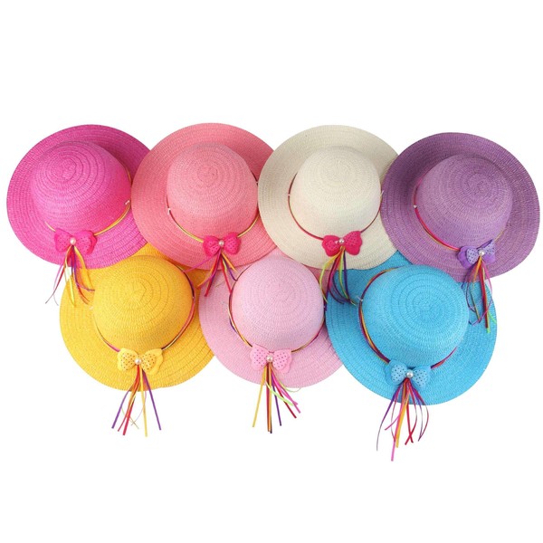 Girls Bow Straw Tea Party Hat Set (7 Pcs, Assorted Colors)