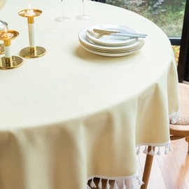 Round Solid Color Tablecloth with Tassels Wrinkle Free Heavy Duty Washable Decorative Table Cover for Dining, Kitchen, Party, Buffet, Wedding, Banquet, Holiday (63 inch, Light Yellow)
