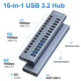 WEEAEEW Powered USB 3.2 Hub, 16 Ports Powered USB Hub with 10Gbps Data Speed, USB Hub (8 USB-A 3.2 Ports+8 USB-C 3.2 Ports) with 96W Power Adapter for PC/Laptop, Computer, Flash Drive, Printer, Camera