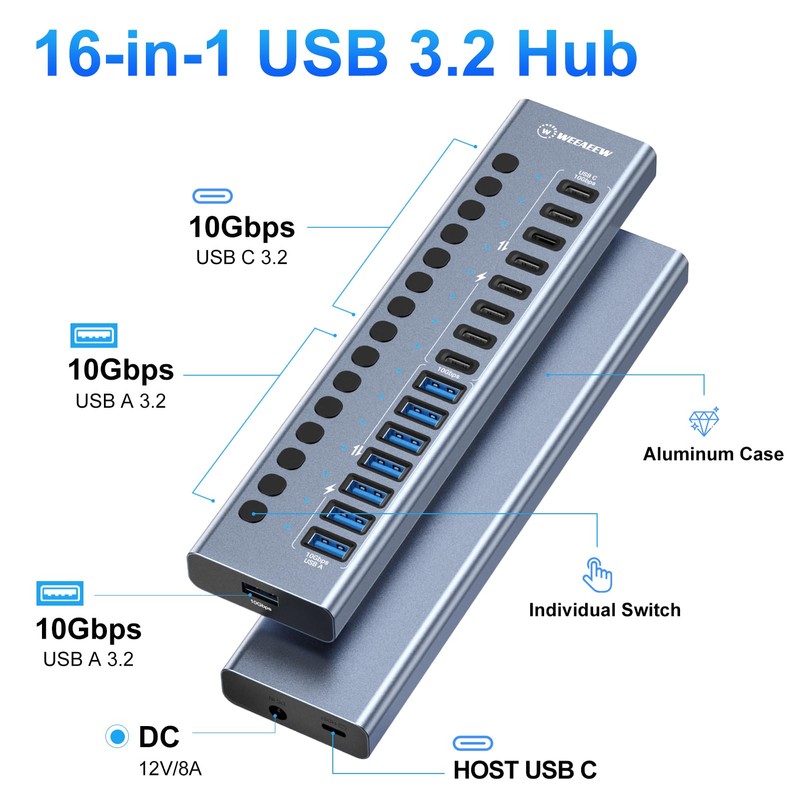 WEEAEEW Powered USB 3.2 Hub, 16 Ports Powered USB Hub