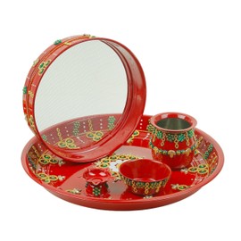 Pooja Thali Puja Plate Decorative Steel Puja Thali with Kalash and Channi Essential Pooja Articles for Pooja Ritual Wedding Indian Traditional Festival New Year Decoration Home Decor(Size-11)(Red)